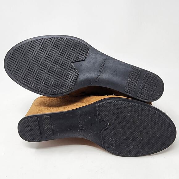 Via Spiga Wedge Sandal Women 7M Brown Suede Laser Cut Perforated Peep Toe Ankle - Picture 8 of 11